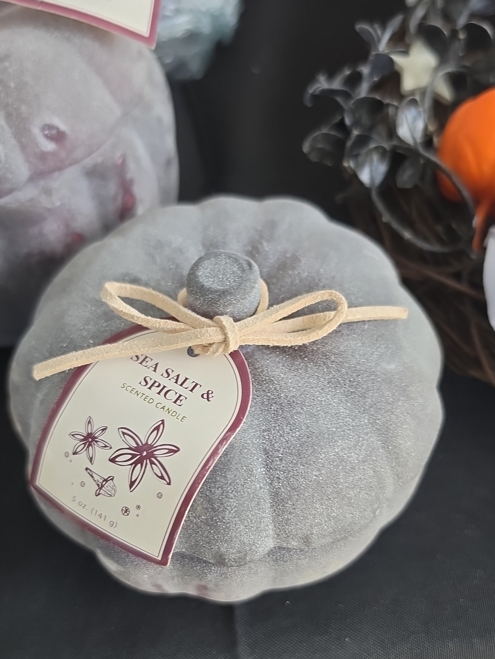 Gray Velvet Pumpkin Candle with Suede Bow